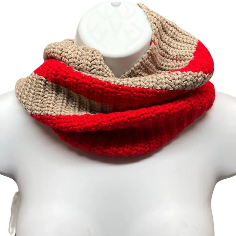 Calvin Klein Knit Neck Warmer‎ Womens OS Red Beige Striped Cowl Winter Scarf